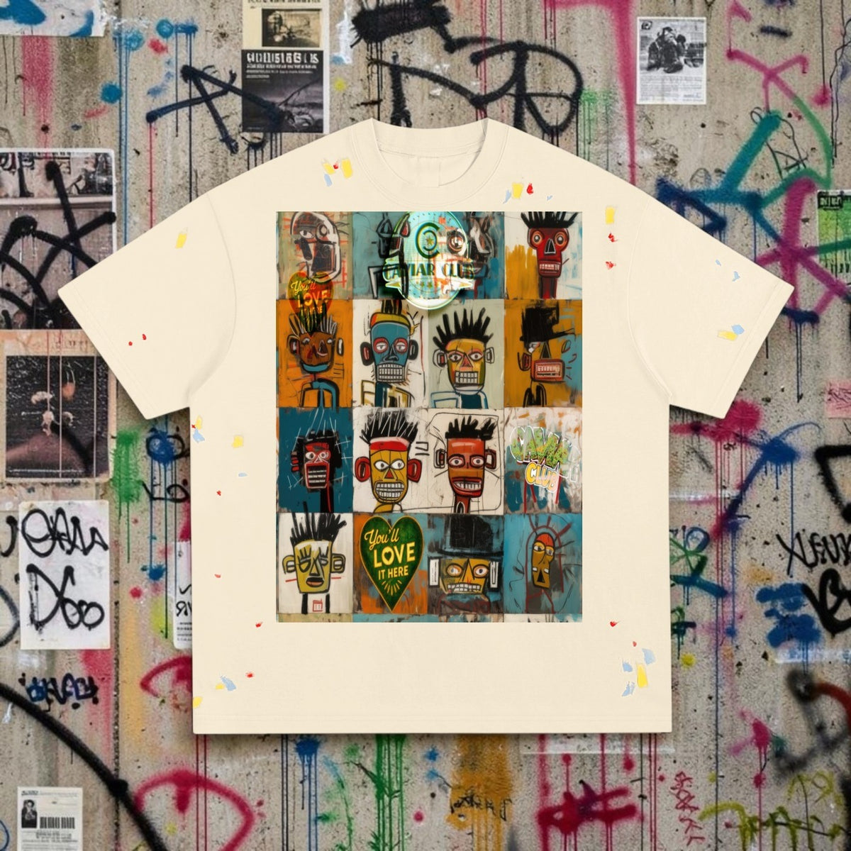 Caviar Club cream 100% cotton t-shirt featuring a Jean-Michel Basquiat inspired multi-panel print and paint splatters.