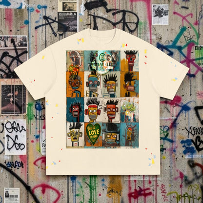 Caviar Club cream 100% cotton t-shirt featuring a Jean-Michel Basquiat inspired multi-panel print and paint splatters.