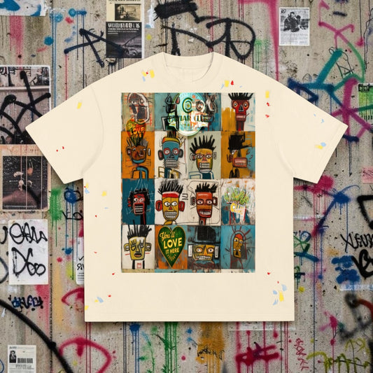 Caviar Club cream 100% cotton t-shirt featuring a Jean-Michel Basquiat inspired multi-panel print and paint splatters.