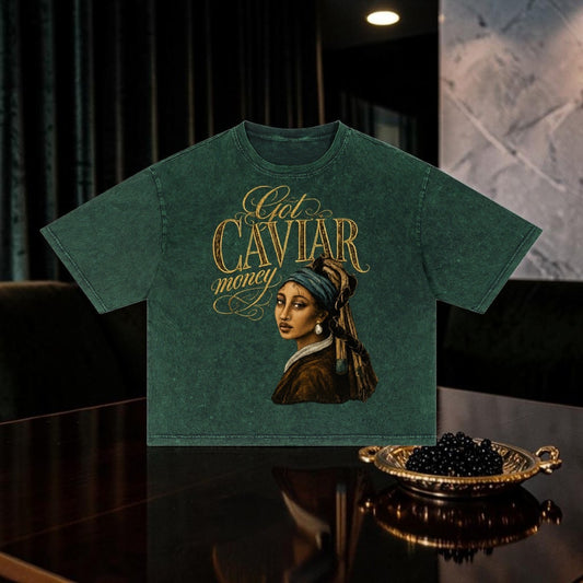 Caviar Club green oversized cotton t-shirt with a vintage snow wash effect and a Girl with a Pearl Earring graphic.